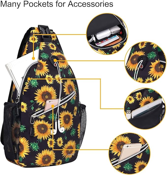 MOSISO Sling Backpack,Travel Hiking Daypack Sunflower Rope Crossbody Shoulder Bag