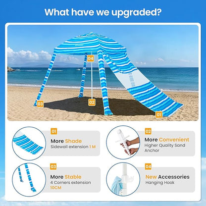 Grandekor 6'x6' UPF 50+ Beach Cabana Canopy Tent Instant Setup Sun Shelter with Sidewalls Sand Anchors Hanging Hooks for Family Beach Trips Outdoor Shade Shelter with Windproof Sand Pockets