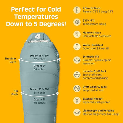 Retrospec Dream Mummy Sleeping Bag - 30°F Camping & Travel Essential Gear with Water - Resistant Shell & Synthetic Fill - Zippered Pocket & Stuff Sack