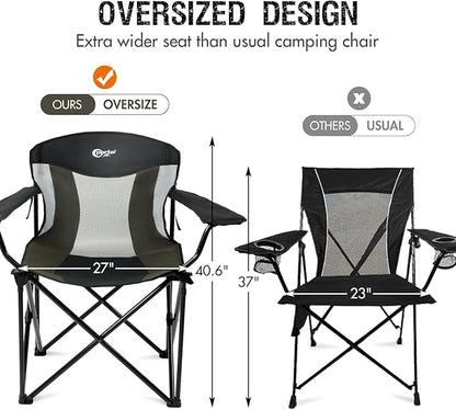 PORTAL Oversized Camping Chair Big and Tall Folding Camp Chair Portable Lawn Chairs Heavy Duty Foldable XXL Outdoor Camping Chair for Adults, Support Up to 600 lbs, Black/Grey