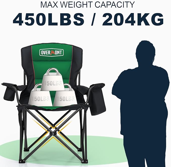 Overmont Oversized Folding Camping Chair - 450lbs Support with Padded Cushion Cooler Pockets - Heavy Duty Collapsible Chairs for Sports Garden Beach Fishing