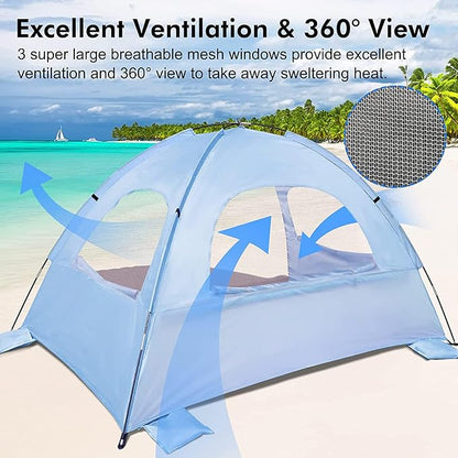 WhiteFang Beach Tent Anti-UV Portable Sun Shade Shelter for 3/4/6/8 Person, Extendable Floor with 3 Ventilating Mesh Windows Plus Carrying Bag, Stakes and Guy Lines
