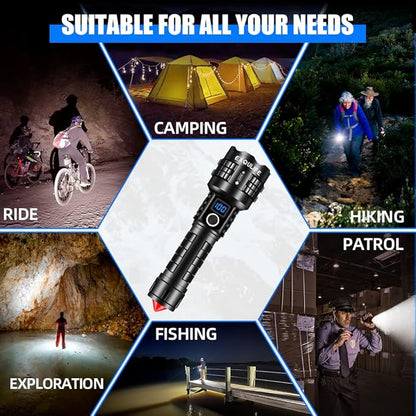 LED Flashlight with High Lumens, Super Bright Tactical Flashlight, High Powered Handheld Flashlight with 5 Modes for Emergency Camping Fishing Hiking, IPX67 Waterproof, Zoomable, Black