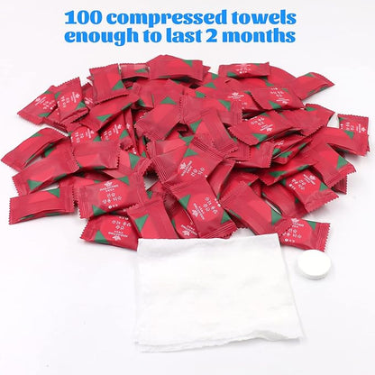 100 Pcs Mini Compressed Towels, Disposable Face Compressed Towel, Compressed Hand Wipe, Camping towel, Portable Compressed Coin Tissue for Travel/Home/Outdoor Activities (Individual packaging)