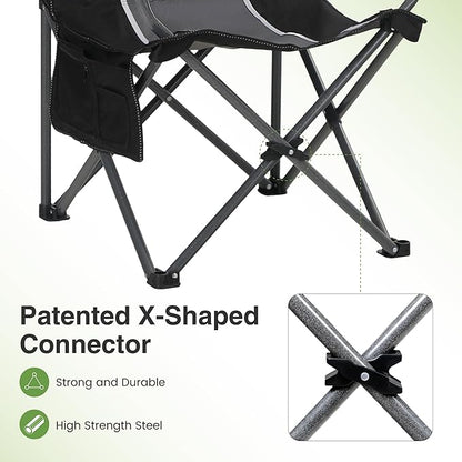 LET'S CAMP Oversized Outdoor Folding Camping Chair, 2 Pack Heavy Duty Arm Chairs with Cup Holder and Storage Bag, 350 LBS Weight Capacity, Grey