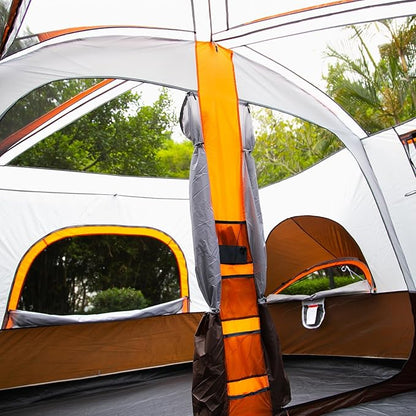 KTT Large Family Cabin Tent 10-12 Person,14.1X10X6.58ft,2 Rooms,3 Storage Pockets,2 Bay-Windows 3 Doors and 3 Windows with Mesh,Straight Wall,Waterproof,Double Layer,Big Tent for Outdoor,Camping