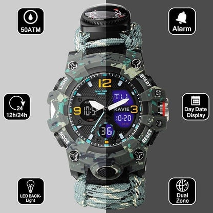 23-in-1 Survival Military Digital Watch, Mens Tactical Multi-Functional and Adjustable Wristband Outdoors Waterproof Sports Dual Dial Watches with Compass Paracord Band