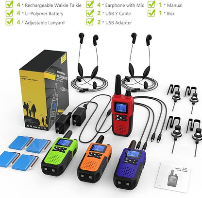 4 Walkie Talkies for Adults Long Range Walkie Talkies Rechargeable - Long Distance Walkie Talkies 4 Pack Family 2 Way Radios Walkie Talkies with Earpiece and Mic Set USB Charger Battery NOAA Alert