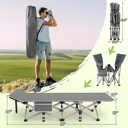 Suteck Camping Cot, Folding Camping Cot Bed for Adults Sleeping 1200D Double Layer Oxford Portable Folding Outdoor Cots for Camping W/Soft Pad Carry Bag for Home Office Nap Beach Travel, 500LBS,Grey
