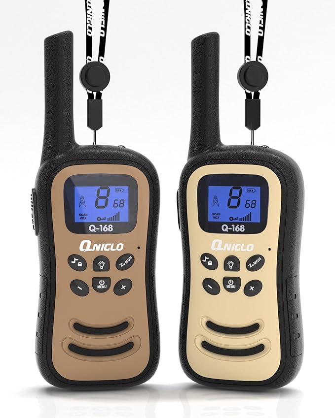 Qniglo Walkie Talkies for Adults/Kids, Rechargeable Walkie Talkies Long Range with 22 FRS Channels, VOX 2 Way Radios with LED Flashlight for Hiking Camping Trip Adventure(Coffee, White)