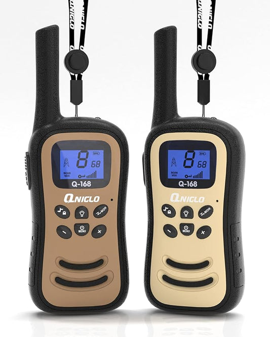 Qniglo Walkie Talkies for Adults/Kids, Rechargeable Walkie Talkies Long Range with 22 FRS Channels, VOX 2 Way Radios with LED Flashlight for Hiking Camping Trip Adventure(Coffee, White)