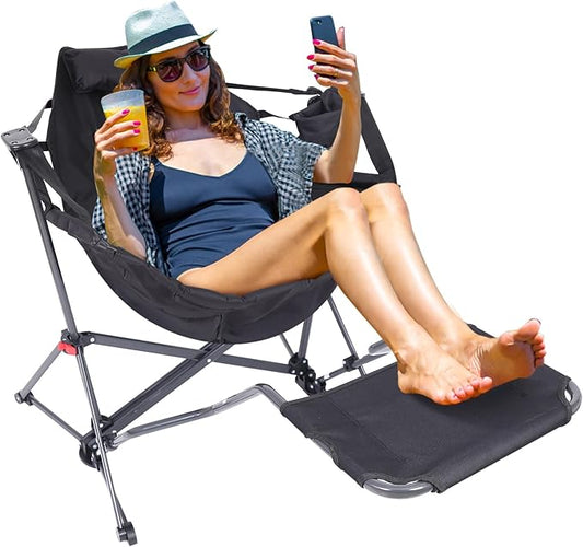 Nice C Hammock Camping Chair, Camping Chair Rocker, Swinging Chair, High Back with Stand, Cup Holder, Side Pocket, Heavy Duty (1, Black w/footrest)