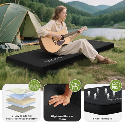 Self-Inflating Sleeping Mats for Camping 4in Ultra-Thick Foam Sleeping Pad Inflatable Camping Mattress with Pump Sack, Portable Camping Pad for 4-Season, Black