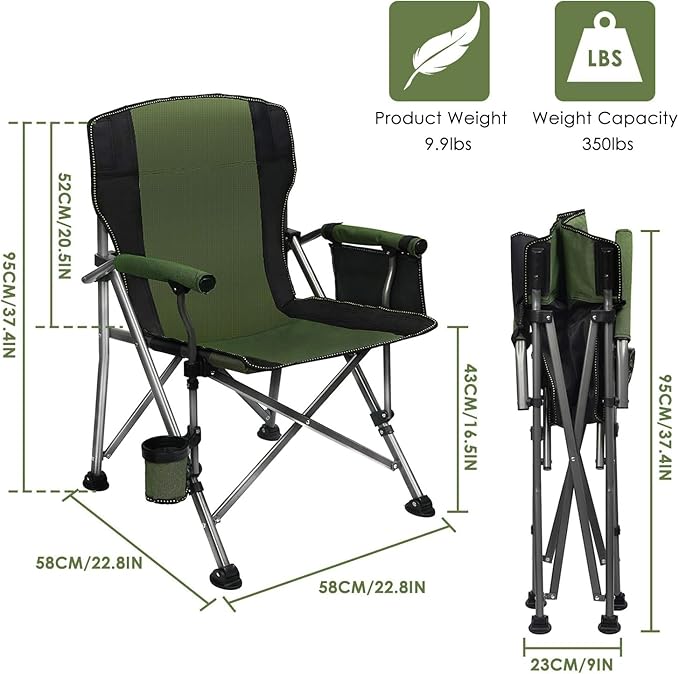 LEADALLWAY Folding Camping Chair Oversized Collapsible Camp Chair with Cup Holder and Removable Storage Bag, Heavy Duty Support 350 LBS, Portable Lawn Chair for Outdoor Camp, Picnic, Travel, Fishing