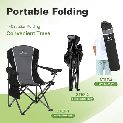 LET'S CAMP Oversized Outdoor Folding Camping Chair, 2 Pack Heavy Duty Arm Chairs with Cup Holder and Storage Bag, 350 LBS Weight Capacity, Grey