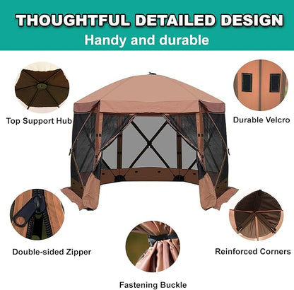 10 x 10 FT Pop Up Screen Tent, Portable Outdoor Camping Gazebo with Ground Stakes and Carry Bag, Brown