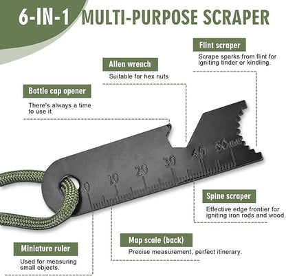 Flint Fire Starter, Outdoor Fire Starter Survival Tool, Flint and Steel Fire Starter Kit, with Compass, Whistle, Tinder Rope, Suitable for Camping, Emergencies
