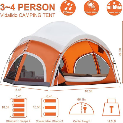 Vidalido 3-4 Person Camping Tent with 2 Large Mesh Door 4 Mesh Window Family Tents, Double Layer Waterproof Portable Easy Setup Camp Tent, Canvas Dome Tents for Camping Outdoor Hiking and Backpacking
