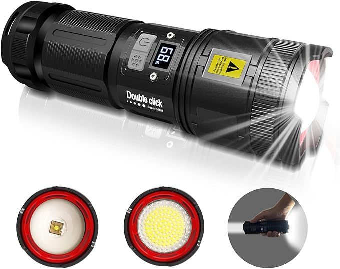 MAXME100® Dual Head Long Throw Flashlight, Flashlight High Lumens, Rechargeable, Super Bright, Powerful, Heavy Duty Long Lasting Flashlight for Outdoor Activity & Emergency Use