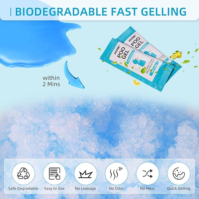 Portable Toilet Absorbent Gel Powder, 25 Pack Poo Gel for Camping Toilet Solid Waste and Urine, Eco Gel for Outdoor Recreation Hiking Fast-Acting Gel Deodorizing Treatment