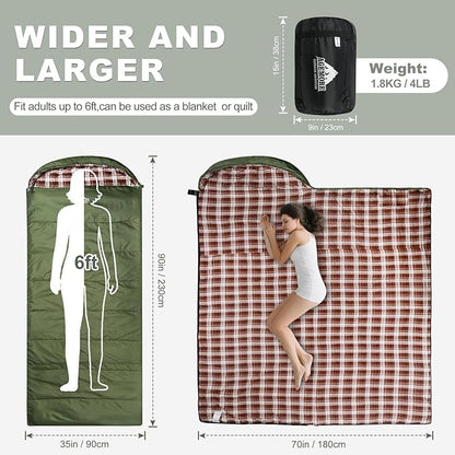 AGEMORE Cotton Flannel Sleeping Bag for Adults, Lightweight XXL Cotton Sleeping Bag for Camping Backpacking or Hiking, Water Resistant 3-4 Season Sleeping bag for Warm & Cool Weather