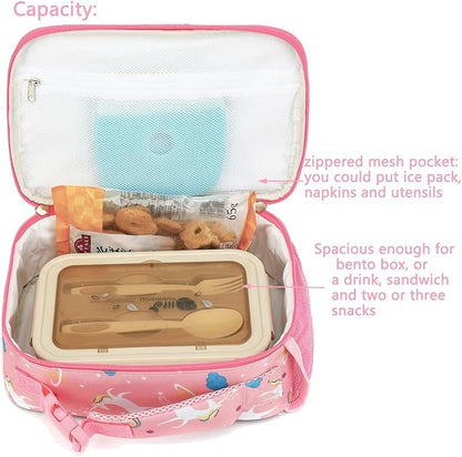 FlowFly Kids Lunch box Insulated Soft Bag Mini Cooler Back to School Thermal Meal Tote Kit for Girls, Boys,Unicorn