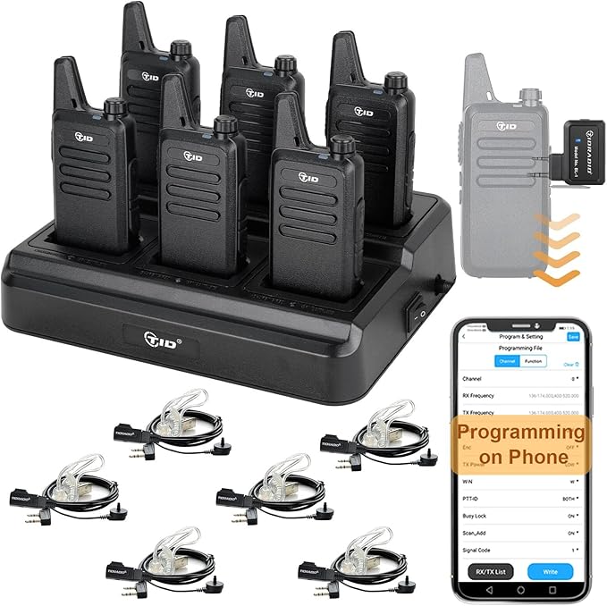 TIDRADIO TD-M8s Radios Walkie Talkies for Adults Long Range,Rechargeable Two Way Radio with Earpieces,6 Way Multi Gang Charger and Wireless Programmer,for School Church Restaurant Business (6 Pack)
