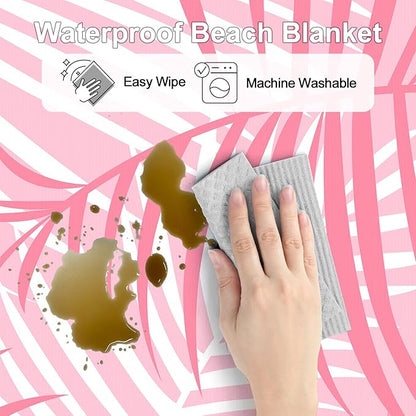 110''×118'' Pink Beach Blanket 2-8 Adults, Large Waterproof Sandproof Beach Mat w/ Stakes & Pockets, Polyester Compact Foldable Sand Free Camping Picnic Blanket for Outdoor, Grass, Park - Palm Leaves