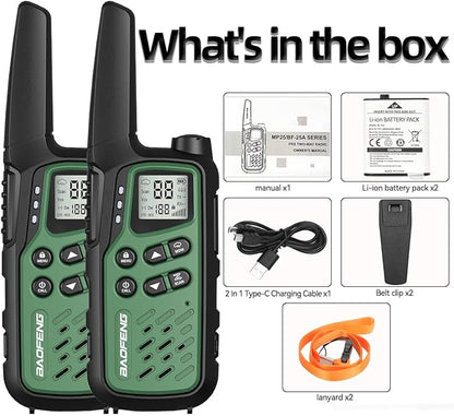 Baofeng Walkie Talkies with 22 FRS Channels, Long Range Walkie Talkies for Adults MP25 Family Walkie Talkie Two Way Radio with LED Flashlight LCD Display for Hiking Camping (Green,Include Battery)