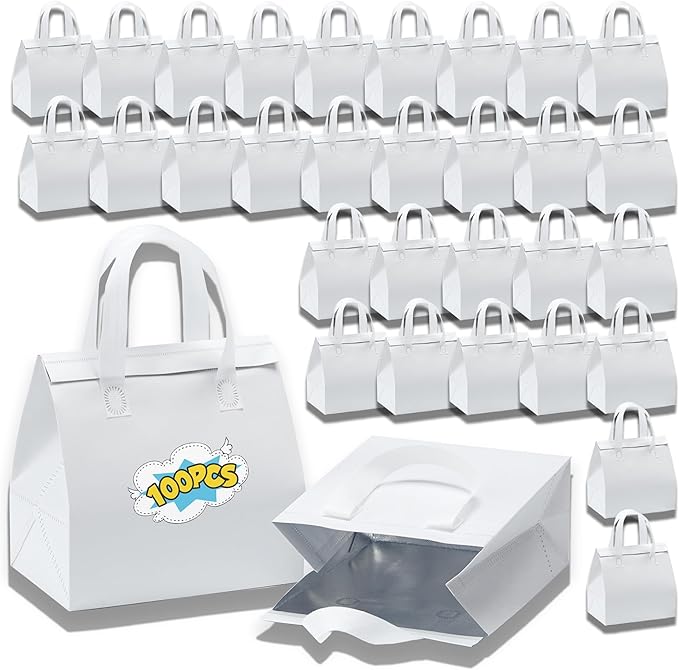 100 Pcs Insulated Take Away Bags, Disposable Lunch Bags For Food Takeaways, Coffee, Milk Tea, Seafood, Pizza, For Restaurants And Grocery Shops 9.5 x 6 x 10 In (white)