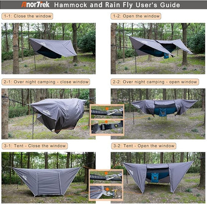 Camping Hammock with Mosquito Net and Rain Fly Tarp, Portable Double Hammock with Two Tree Straps, 230T Nylon Hammock and Waterproof Rain Fly Set for Hiking, Backpacking, Overnight (Blue)