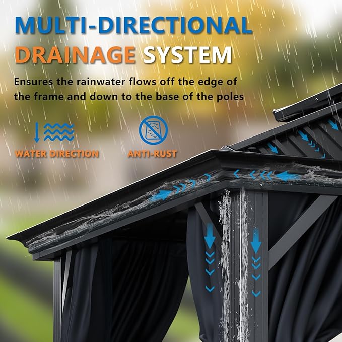 HOTEEL 12x20 Hardtop Gazebo with Metal Roof & Drainage System, Heavy Duty Galvanized Steel Gazebo with Reinforced Aluminum Frame, Privacy Curtains and Netting, for All-Weather, Black (2025 Upgraded)