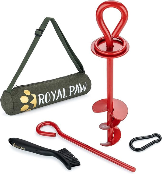 Dog Tie Out Stake - Heavy Duty Dog Stake for Large Dogs up to 125 lbs, Dog Stakes for Outside, Dog Anchor, and Dog Gadget | Use Any Dog Tie Out Cable or Dog Yard Leash (MR1-Crimson Red)
