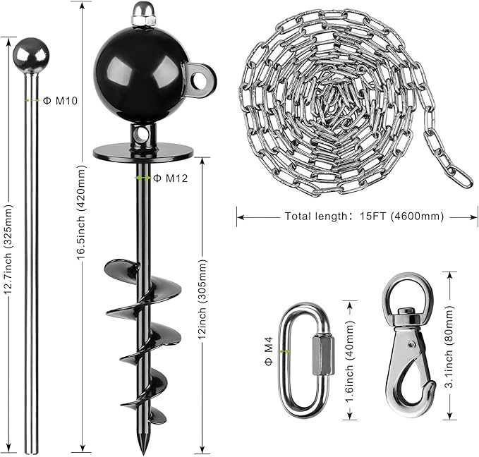 SELEWARE Dog Tie Out Stake Outdoor Anti-Rust Dog Anchor with Stainless Steel Dog Chains for Large Dogs up to 220 lbs, Free Rotation Dog Stake Dog Camping Gear 15 ft Long