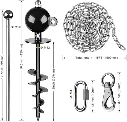 SELEWARE Dog Tie Out Stake Outdoor Anti-Rust Dog Anchor with Stainless Steel Dog Chains for Large Dogs up to 220 lbs, Free Rotation Dog Stake Dog Camping Gear 15 ft Long