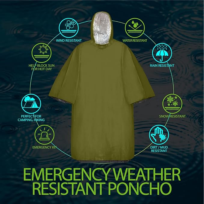 FosPower Emergency Rain Poncho [4 Pack] [Retains 90% Body Heat] Reusable Weather Resistant Raincoat for Men, Women, Adults, Camping, Hiking, Emergency Supplies & Survival Kits (Green + Orange)