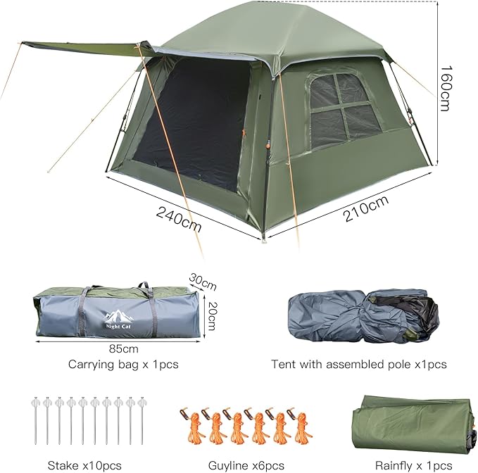 Night Cat Blackout Cabin Tent: 4 Person Pop Up Camping Tent with Vestibule & Rainfly Waterproof Instant Easy Setup Family Tent