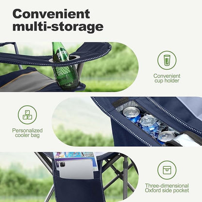 LET'S CAMP Folding Camping Chair Oversized Heavy Duty Padded Outdoor Chair with Cup Holder Storage and Cooler Bag, 450 LBS Weight Capacity, Thicken 600D Oxford,2 Pack
