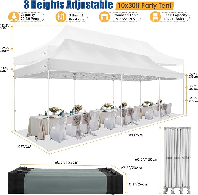 HOTEEL 10x30 Pop up Canopy Tent for Parties, Heavy Duty Easy Setup Tent with 8 Sidewalls, Outdoor Commercial Instant Gazebo for Wedding Event, with Portable Bag & Sand Bags, White(Hexagonal Frame)