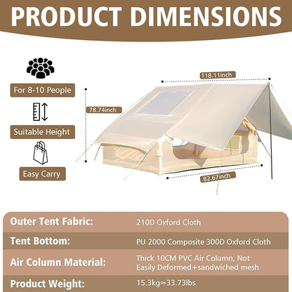 Inflatable Camping Tent with Pump, Upgraded Waterproof Windproof Glamping Blow Up Tent, Easy Setup 4 Season Air Cabin House with Mesh Windows & Door,4-6 Persons