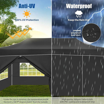 HOTEEL 10x20 Pop up Canopy Tent for Parties, Heavy Duty Easy Setup Tent with 6 Sidewalls, Outdoor Commercial Instant Gazebo for Wedding Event, with Roller Bag & Sand Bags, Black(Hexagonal Frame)