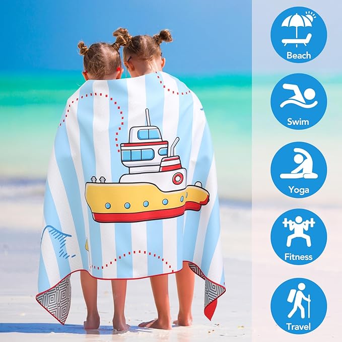 2 Pack Microfiber Beach Towel, Kids' Microfiber Pool Towel 58”x 28”, Sand-Free Beach Towel, Quick Drying Camping Towel, Super Absorbent Bath Towel Blanket, Soft Breathable and Lightweight