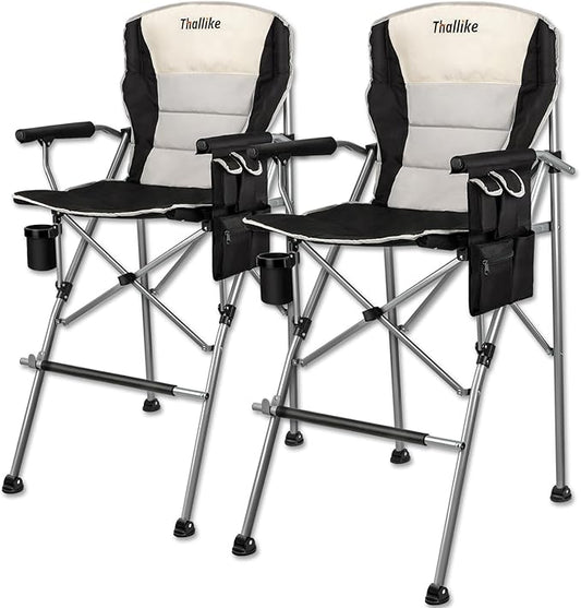 Foldable Directors Makeup Salon High Chair - Portable Camping Bar Height Folding Photoshoot Chairs with Stroage Bag Cup Holder Non-Slip Footrest, Supports 400 lbs Black Tall Director Chair (2Pack)