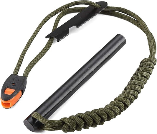 FOSTAR 5 Inch Emergency Weatherproof Flint Ferrocerium Rod Fire Starter, with Whistle, Steel Multitool Striker Paracord Lanyard Handle Survival Ferro Rod Kit