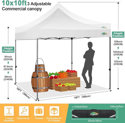 COBIZI 10x10 Pop Up Canopy Tent 10x10 Easy up Canopy, Heavy Duty Outdoor Canopy UPF 50+ All Weather Waterproof Instant Party Tents for Parties Gazebo with Handbag, White(Windproof Upgraded)