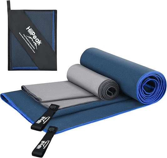 Hiipeak Microfiber Towel, 2 Pack Quick Dry Towel Travel Camping Towel Super Absorbent & Lightweight for Camping, Beach, Sports, Gym, Backpacking, Hiking and Yoga NavyBlue & LightGray, 63*32" + 32*16"