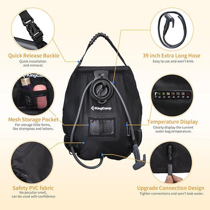 KingCamp Solar Shower Bag for Camping, Lightweight Shower Bag, Durable, Leak-Proof Design with Thermometer, Removable Hose, Switchable Shower Head, Portable Solar Shower for Camping