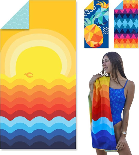 SUN NINJA Microfiber Beach Towel - Sand Free, Quick Dry, Lightweight & Compact for Beach, Pool, Yoga and Camping - 63x32 inch Super Absorbent, Large Sand Free Swim Towels for Adults and Kids