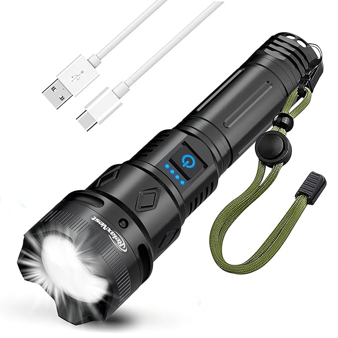 Rechargeable Flashlights High lumens, Powerful 300000LM Tactical Flashlights, 5 Modes LED Flashlight Zoomable, Brightest Flashlight Waterproof, Handheld Flash Light for Home, Emergencies, Camping