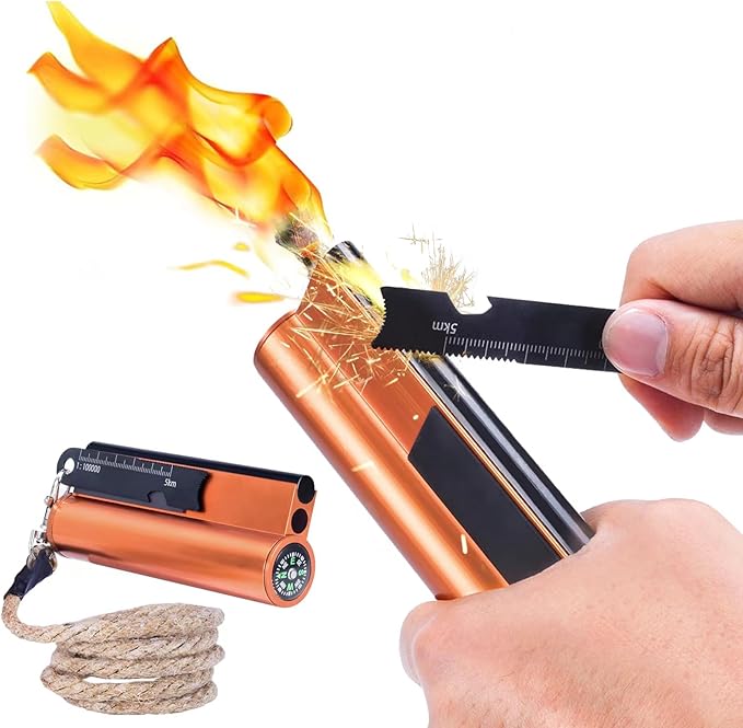 Flint and Steel Fire Starter Kit 7-in-1 XXL XL Ferro Rod Fire Steel Bushcraft Equipment, Portable Survival Magnesium Kit with 36" Waterproof Wick Rope,Multi Tool Scraper, Compass for Camping Hiking